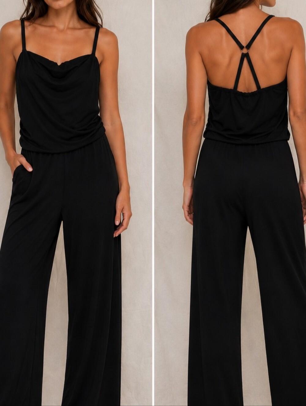 White House Black Market Black Strappy Wide-Leg Jumpsuit Ring Detail Strapless